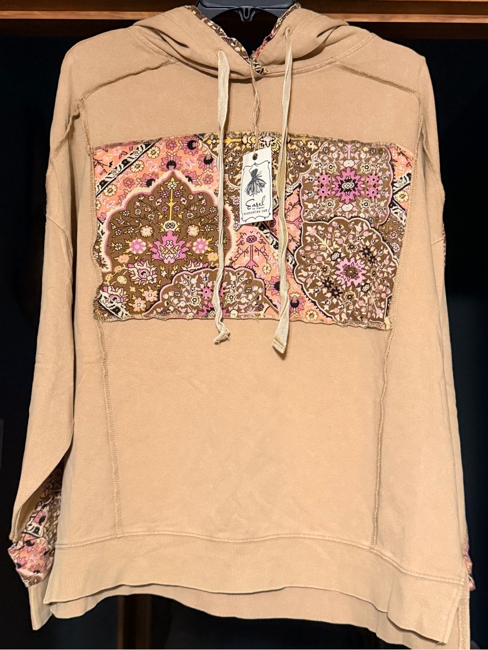 Washed Women’s Tan Terry Hooded with Floral Patchwork Detail